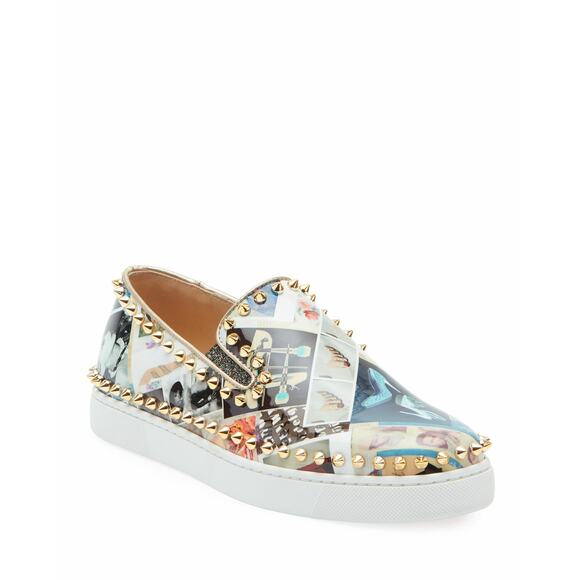 Christian Louboutin Pik Boat Patent Collage Black Gold Spike Flat Sneakers 41 - Picture 3 of 12